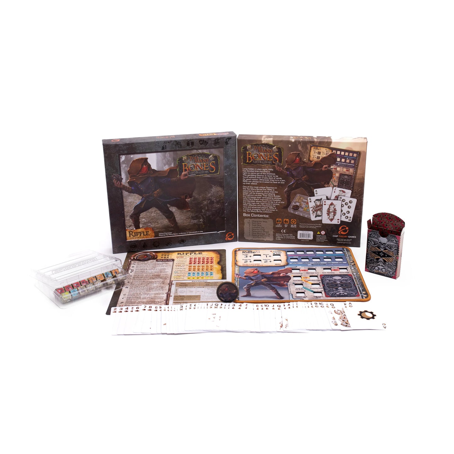 Too Many Bones: Riffle, the Enigma, Gearloc, Box&Spielmaterial