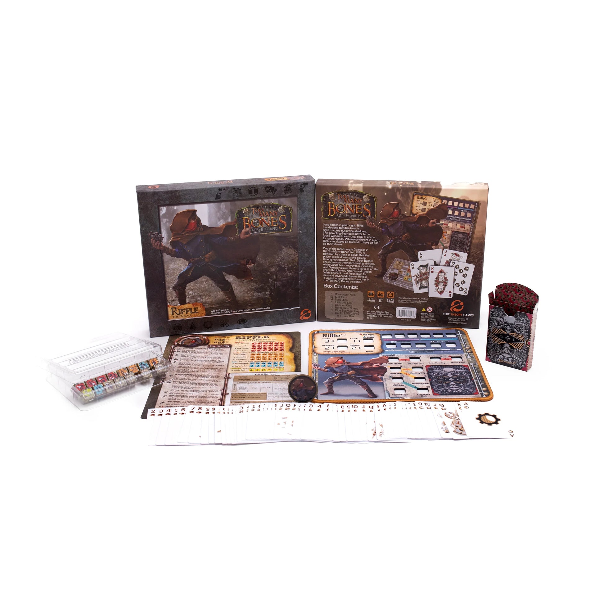 Too Many Bones: Riffle, the Enigma, Gearloc, Box&Spielmaterial